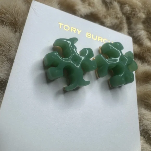 Tory Burch Green Logo Stud Earrings - Picture 3 of 12